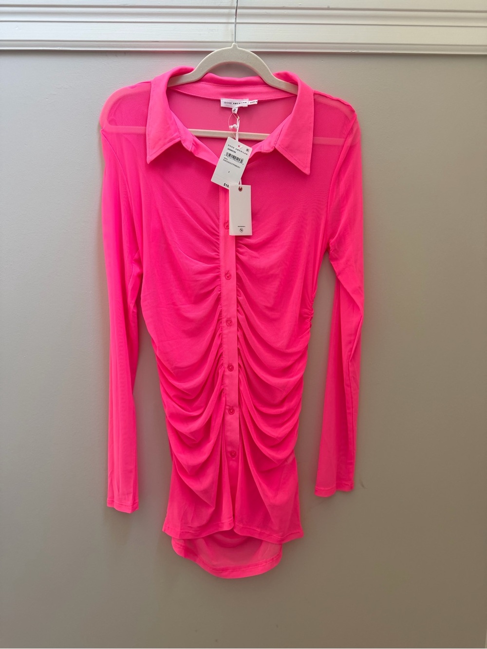 NWT Good American Hot Pink Ruched Long-Sleeve Button Down Mesh Dress Sz 2